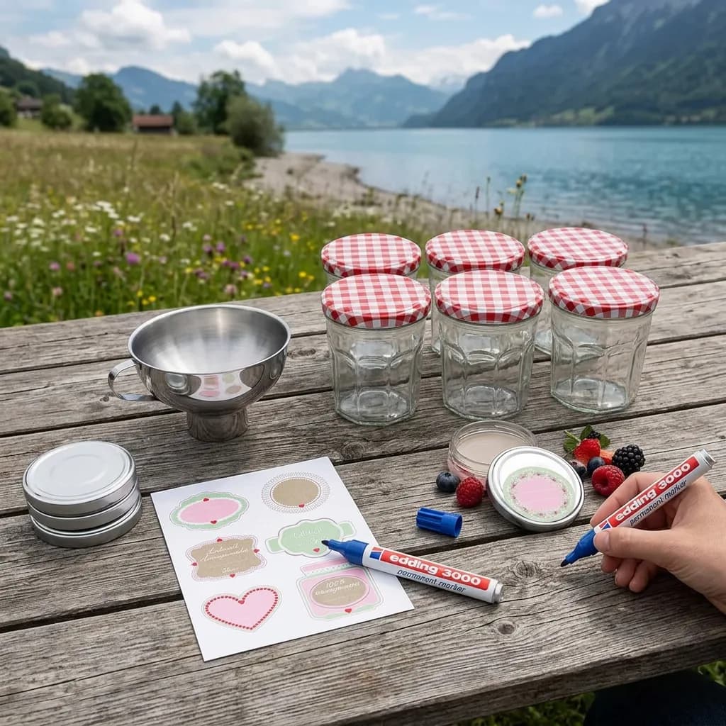 Einmachen und Einkochen: Einmachgläser mit rot-weiss karierten Deckeln, Trichter, Twist-off-Deckel, Etiketten-Bogen und Permanent-Marker auf Holztisch am See.
