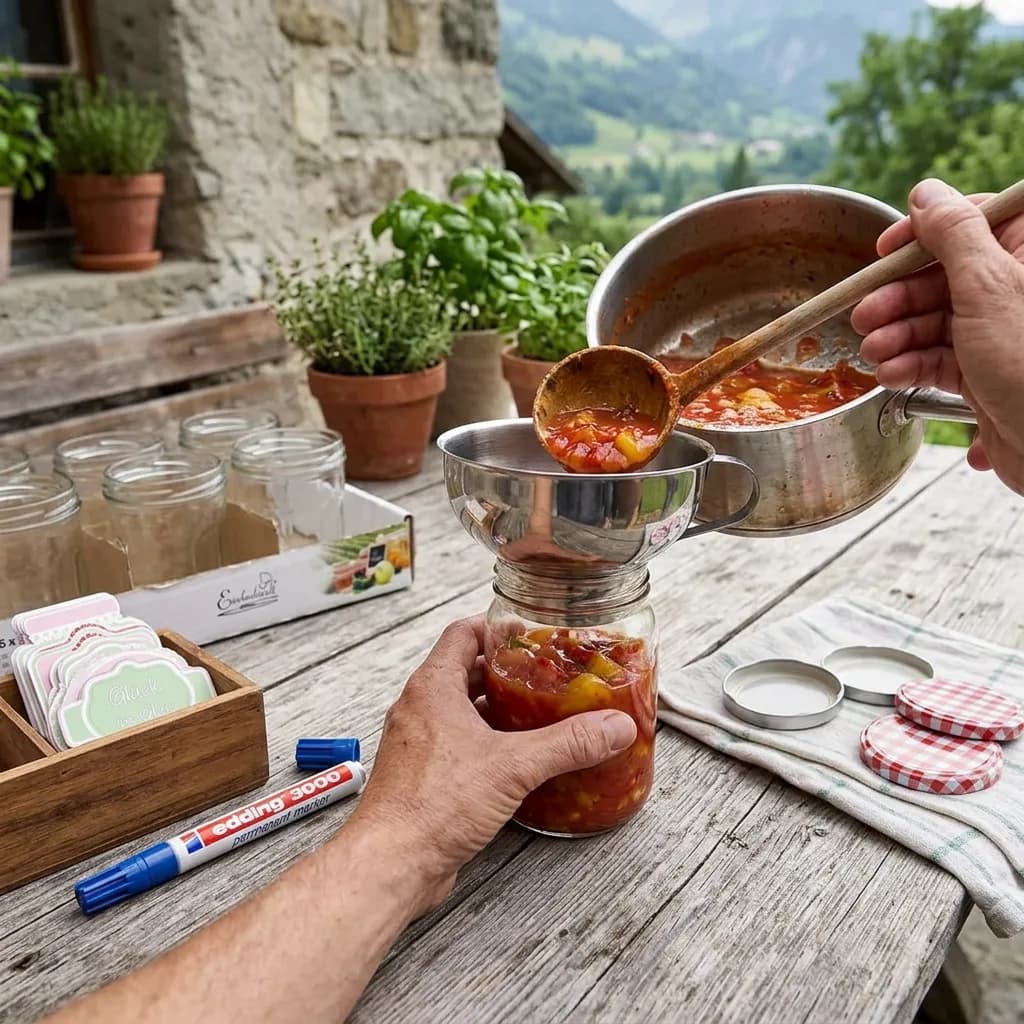 Einmachen und Einkochen: Hände füllen Tomatensauce per Trichter in Einmachglas; Marker, Etiketten, Deckel und weitere Gläser auf Holztisch.