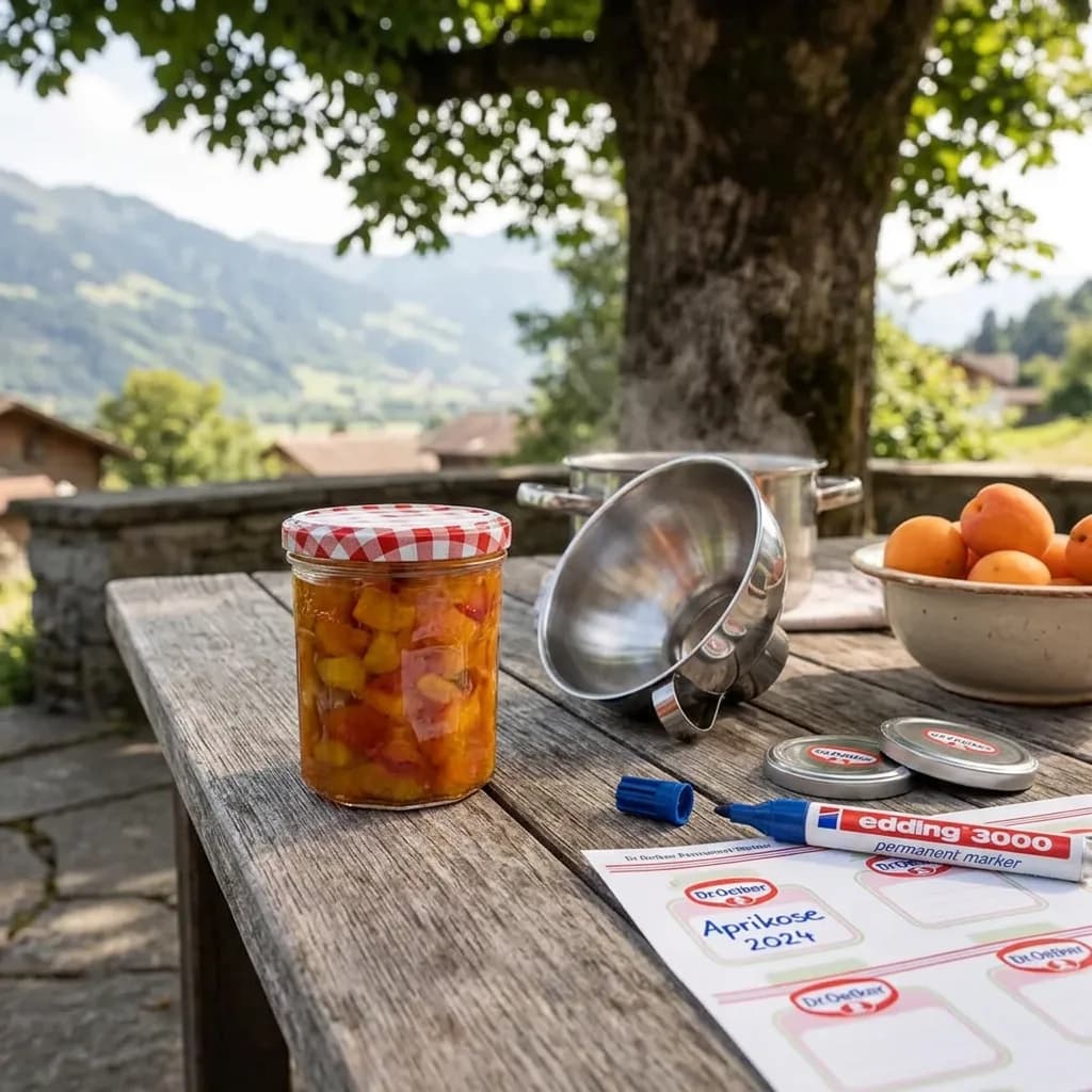 Einmachen und Einkochen: Einmachglas mit Früchten, Trichter, Twist-off-Deckel, Etiketten und Permanent-Marker auf Holztisch im Freien.