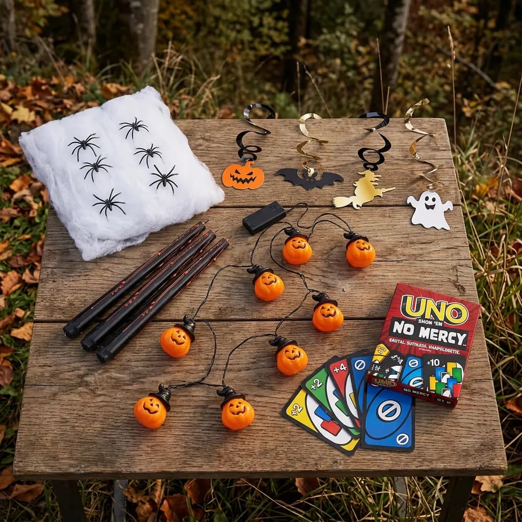 Halloween Party Deko: Spinnengewebe mit schwarzen Spinnen, Spiralgirlanden, Lichterkette mit Kürbissen, blutende Kerzen und UNO No Mercy Kartenspiel auf Holzti…