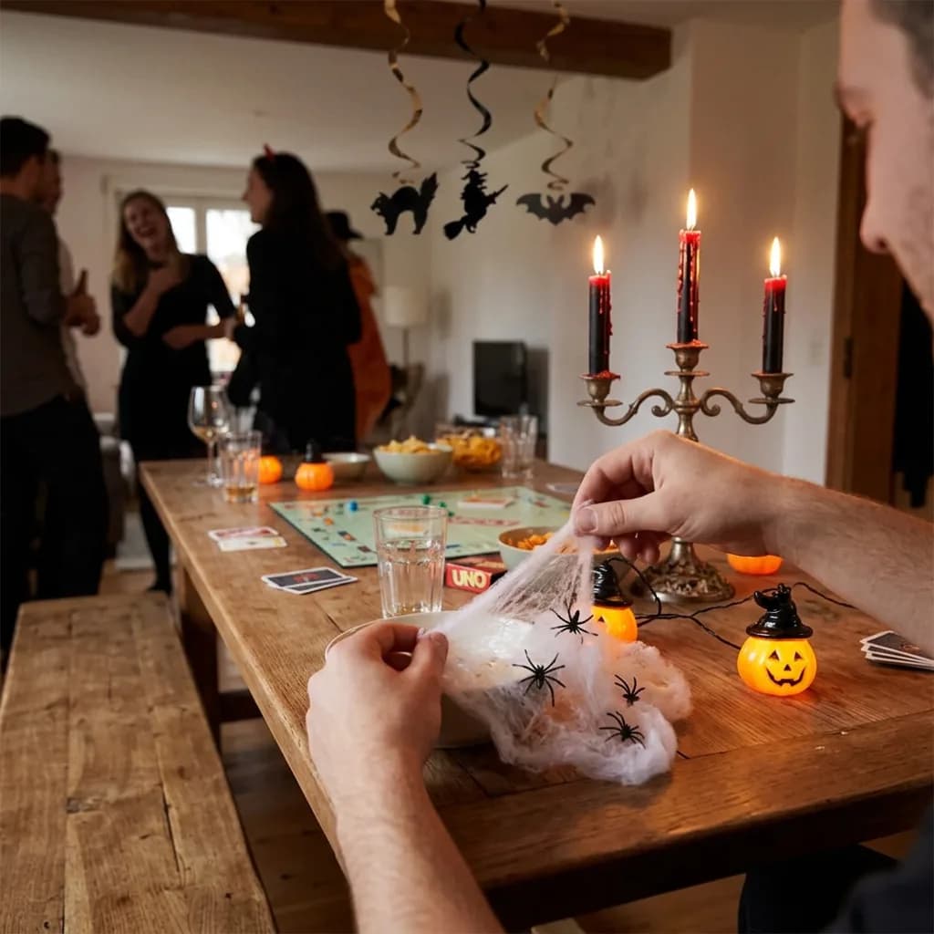 Halloween Party Deko: Hände halten weisses Spinnengewebe mit schwarzen Spinnen; Tisch mit UNO-Karten, Lichterkette, blutenden Kerzen und Spiralgirlanden an der…