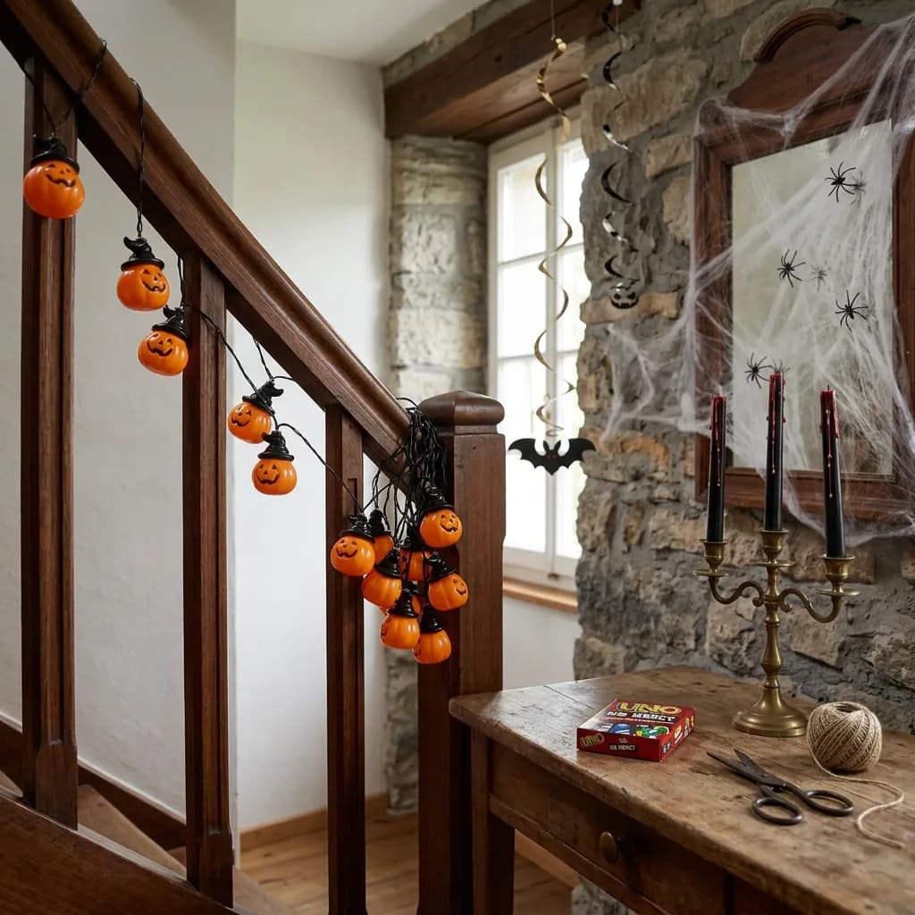 Halloween Party Deko: Kürbis-Lichterkette am Treppengeländer, Spiralgirlanden und Spinnengewebe mit Spinnen am Spiegel, blutende Kerzen auf Kerzenständern und…