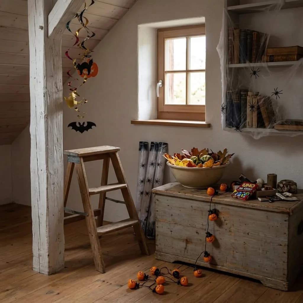 Halloween Party Deko: Rustikales Zimmer mit Spiralgirlanden, Lichterkette mit Kürbissen, Spinnengewebe mit Spinnen und UNO-Kartenspiel auf einer Holztruhe.