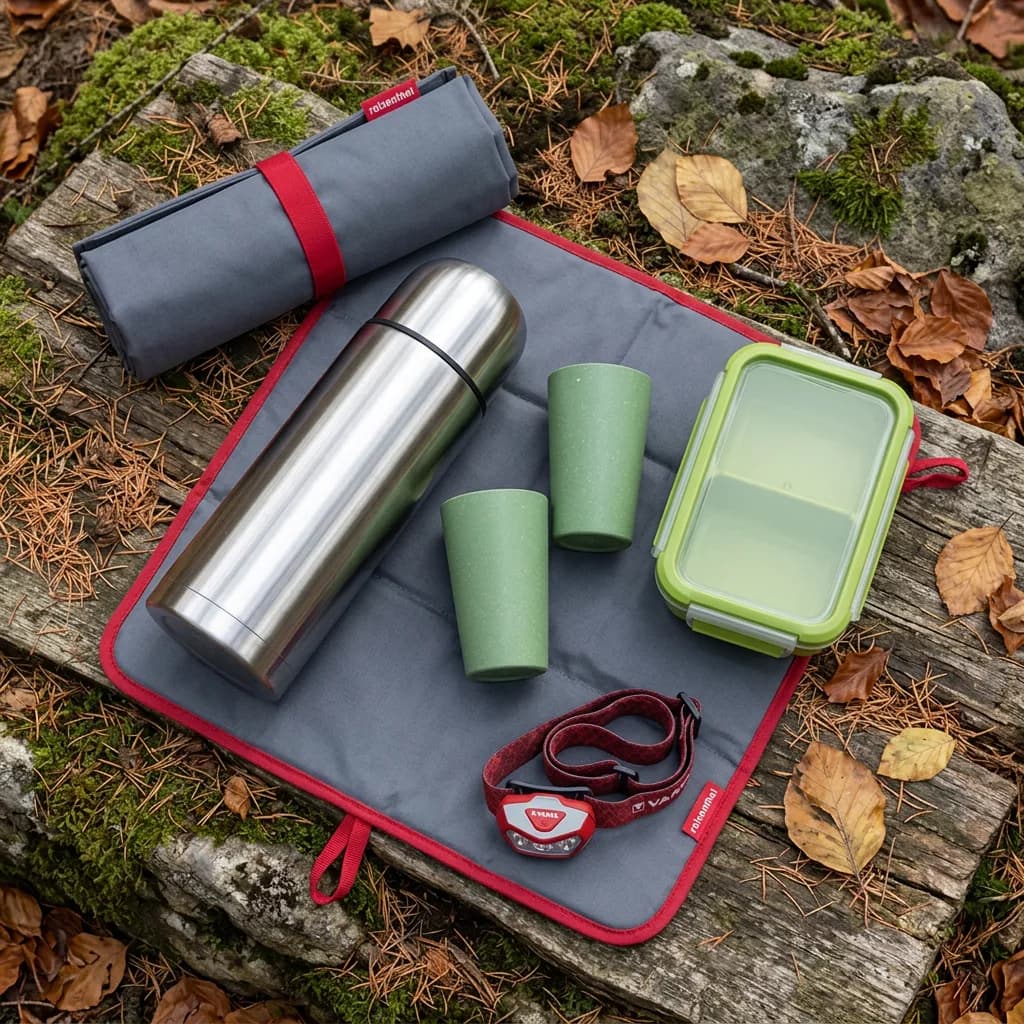 Herbstwanderung mit Zvieri: Sitzkissen, Thermoskanne, zwei grüne Trinkbecher, grüne Lunchbox und rote Stirnlampe auf einem Stein im Herbstlaub.