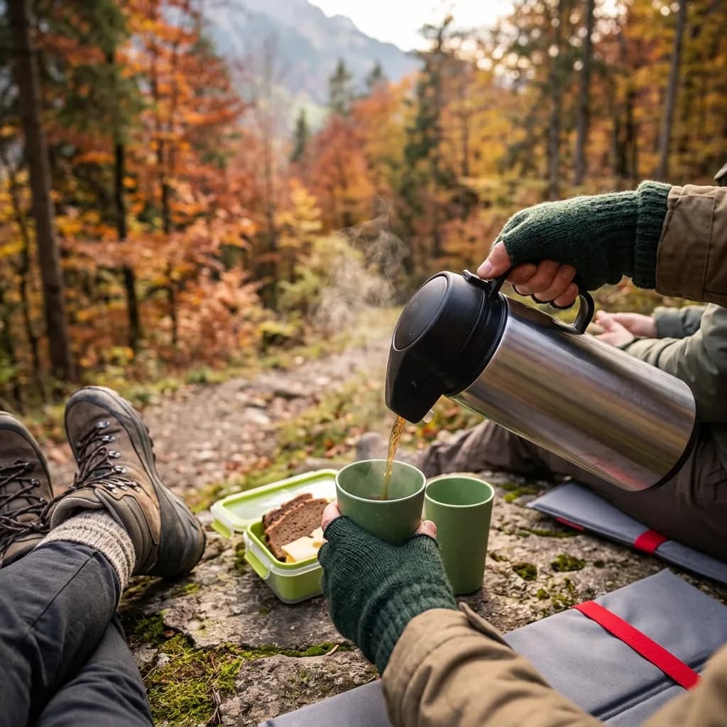 Herbstwanderung mit Zvieri: Hand giesst aus Edelstahl-Thermoskanne in Trinkbecher, daneben grüne Lunchbox mit Brot, Sitzkissen auf Fels im Herbstwald.