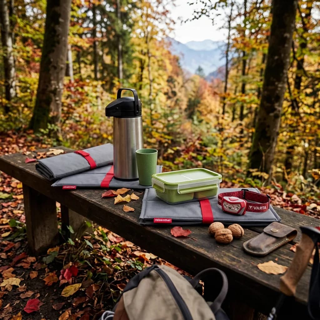 Herbstwanderung mit Zvieri: Thermoskanne, Trinkbecher, Lunchbox, Stirnlampe und zwei Sitzkissen auf Holzbank im Herbstwald.