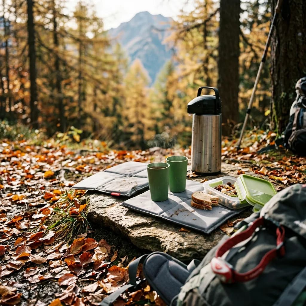 Herbstwanderung mit Zvieri: Sitzkissen auf Fels mit zwei grünen Trinkbechern, Thermoskanne, grüner Lunchbox und roter Stirnlampe im Herbstwald.