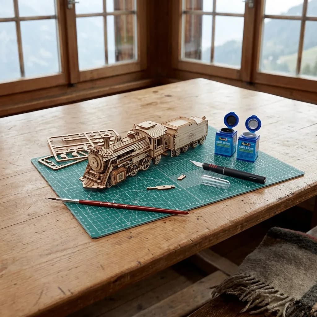 Modellbau-Abend: Holz-Lokomotiven-Bausatz, zwei Acrylfarben, Skalpell, Pinsel und Schneidematte auf Holztisch.