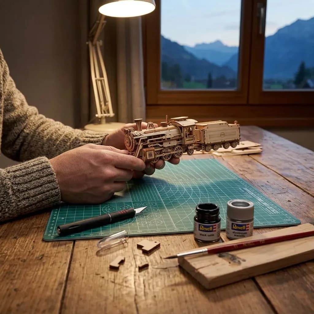 Modellbau-Abend: Hände halten Holz-Lokomotive über Schneidematte mit Skalpell, zwei Acrylfarben, Pinsel und Schreibtischlampe.