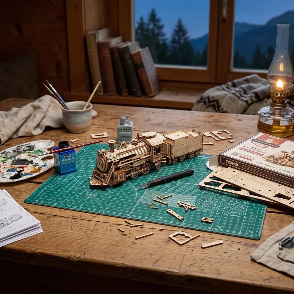 Modellbau-Abend: Holz-Lokomotiven-Bausatz auf grüner Schneidematte, daneben Skalpell, zwei Acrylfarben, Pinsel und Öllampe auf Holztisch.