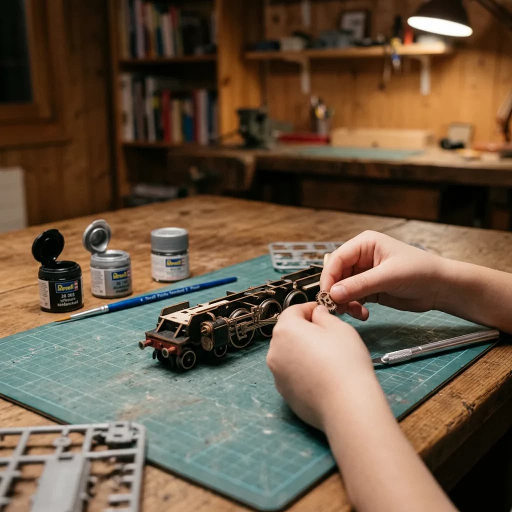 Modellbau-Abend: Hände montieren Lokomotive auf Schneidematte, daneben Acrylfarben, Pinsel und Skalpell.