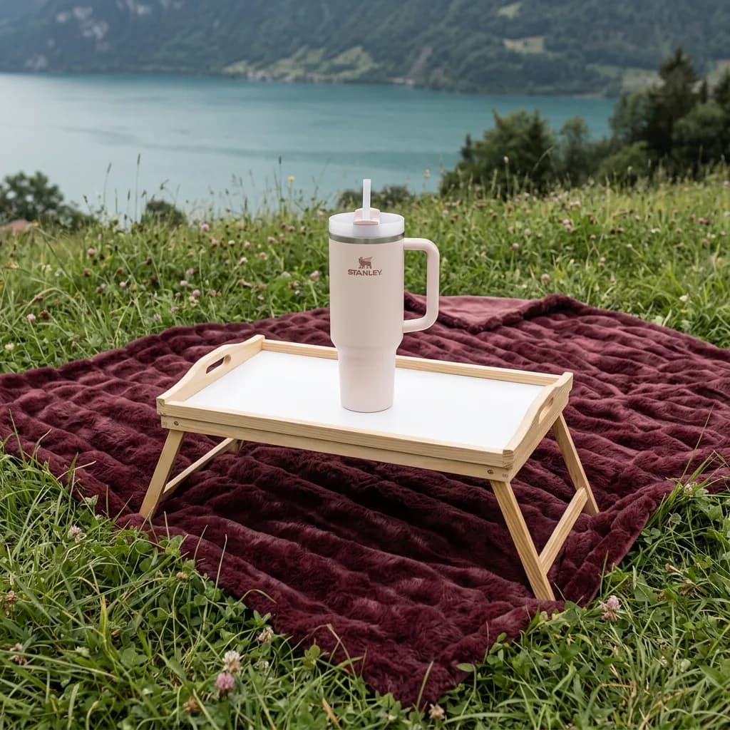 Sunday Morning Box: Klappbares Holz-Serviertablett mit rosa Thermobecher auf dunkelroter Decke, auf einer Wiese mit See im Hintergrund.