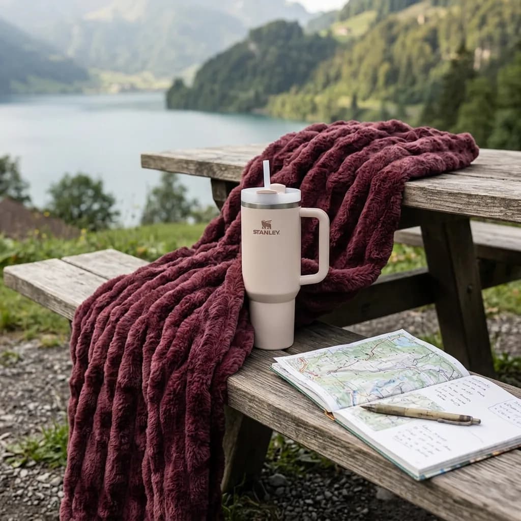 Sunday Morning Box: Thermobecher mit Strohhalm und bordeauxrote Decke auf Holzbank, daneben offenes Notizbuch, See im Hintergrund.
