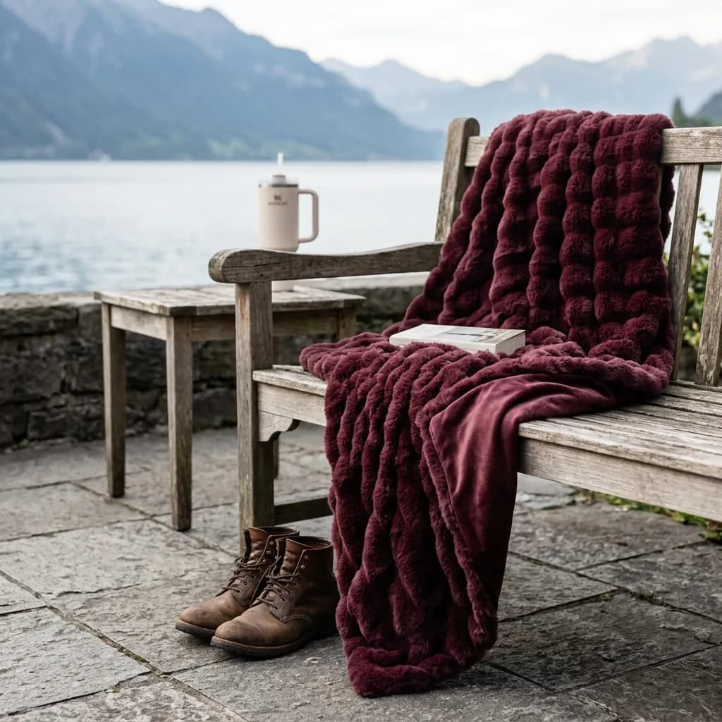 Sunday Morning Box: Dunkelrote Decke und Buch auf Holzbank, Thermobecher auf Beistelltisch, See und Berge im Hintergrund.