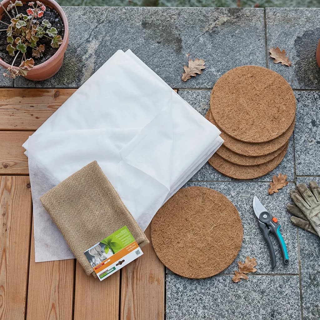 Balkon winterfest: Winterschutzvlies, Jutesack, fünf runde Kokos-Mulchscheiben und Gartenschere auf Steinplatten, daneben Handschuhe und Terrakottatopf.