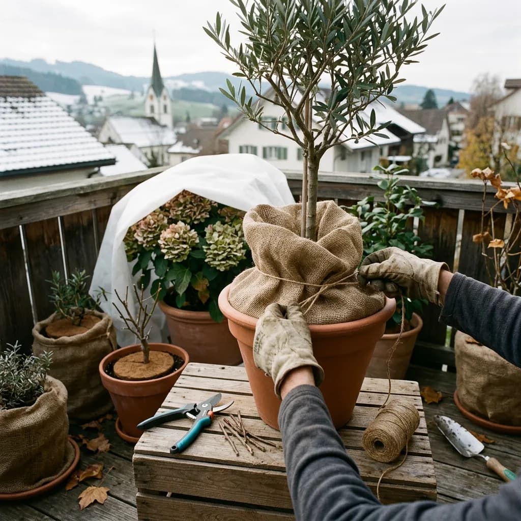 Balkon winterfest: Hände mit Handschuhen binden Jute-Sack um Olivenbaum-Topf, daneben Gartenschere, Kokos-Mulchscheibe, Winterschutzvlies über Hortensie.