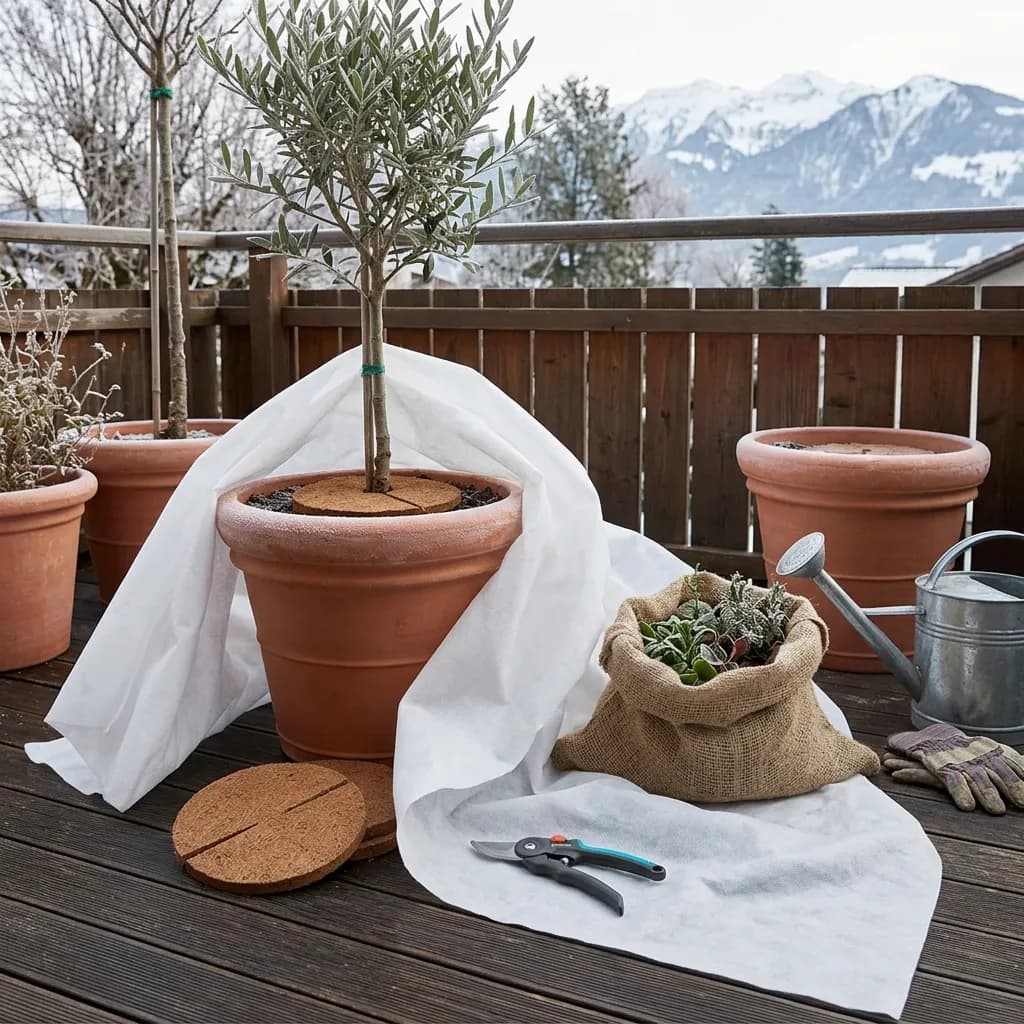 Balkon winterfest: Olivenbaum in Terrakottatopf mit Winterschutzvlies und Kokos-Mulchscheibe, daneben Jute-Sack mit Pflanze und Gartenschere.
