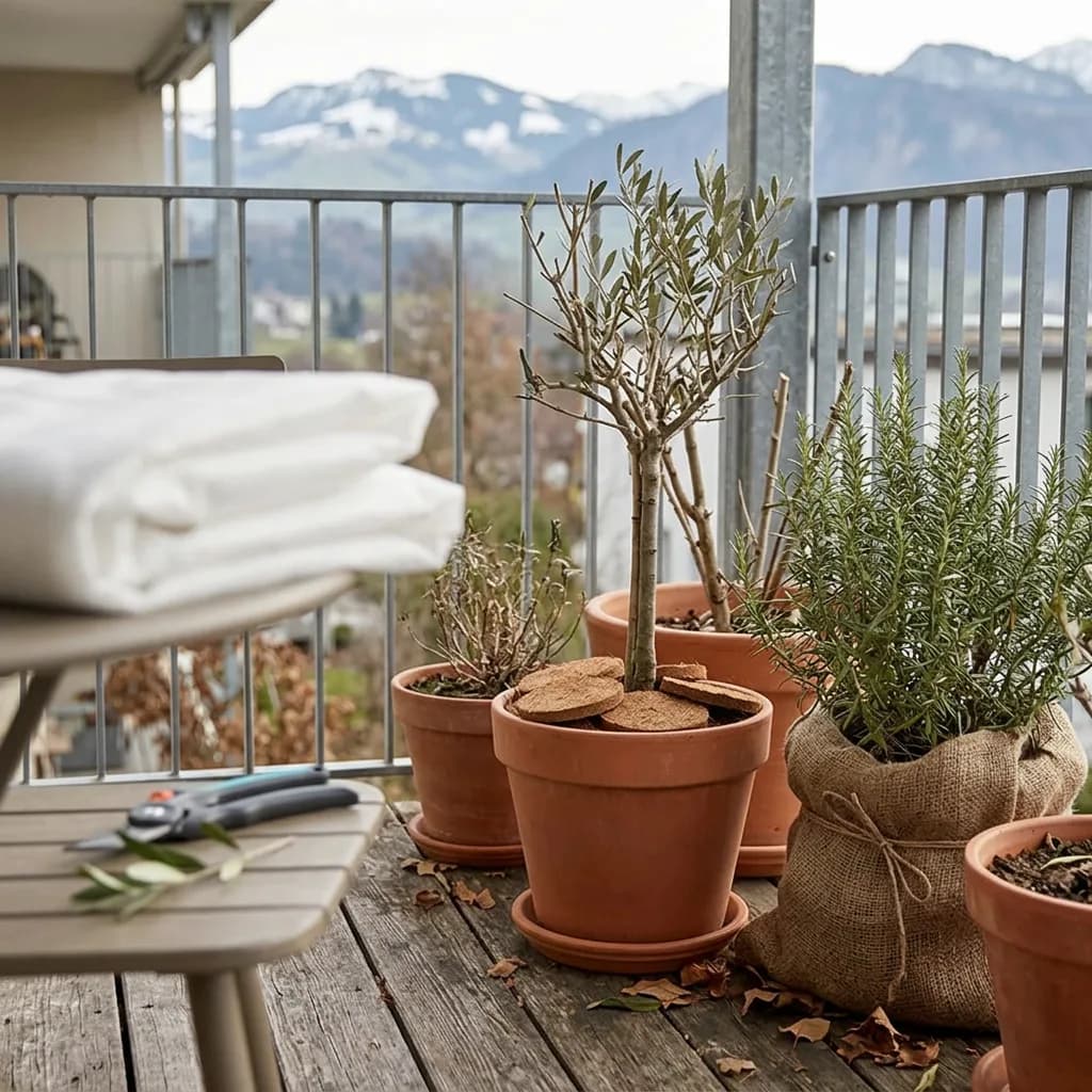 Balkon winterfest: Tontöpfe mit Kokos-Mulchscheiben, Jute-Sack, gefaltetem Winterschutzvlies und Gartenschere auf Holzboden, Bergpanorama im Hintergrund.
