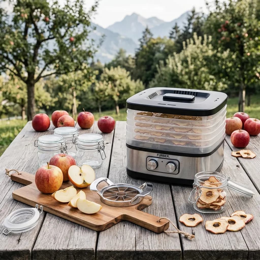 Apfelringe dörren: Dörrgerät, Schneidebrett mit Äpfeln und Apfelteiler, Einmachgläser und getrocknete Apfelringe auf Holztisch im Freien.