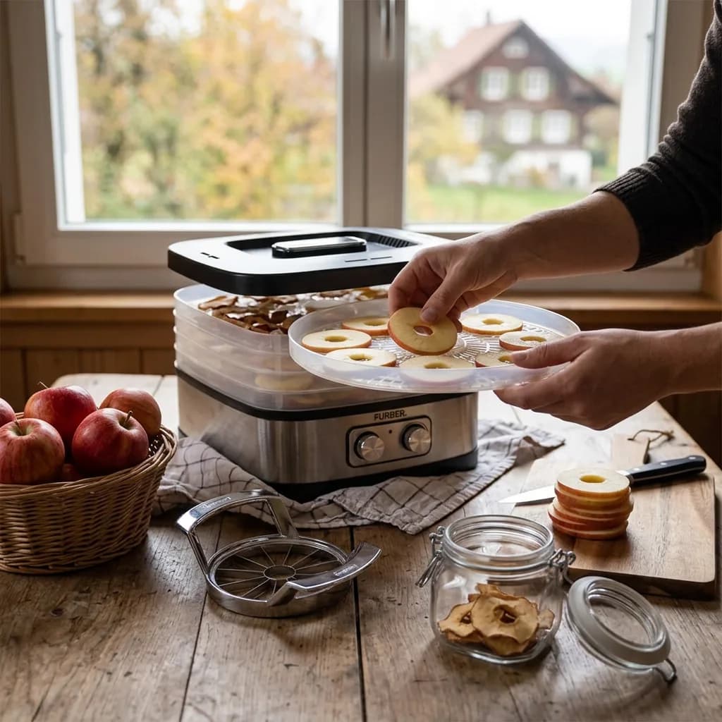 Apfelringe dörren: Hände legen Apfelringe auf Dörrgerät-Tablett; Apfelteiler, Einmachglas und Schneidebrett mit Apfelscheiben auf Holztisch.