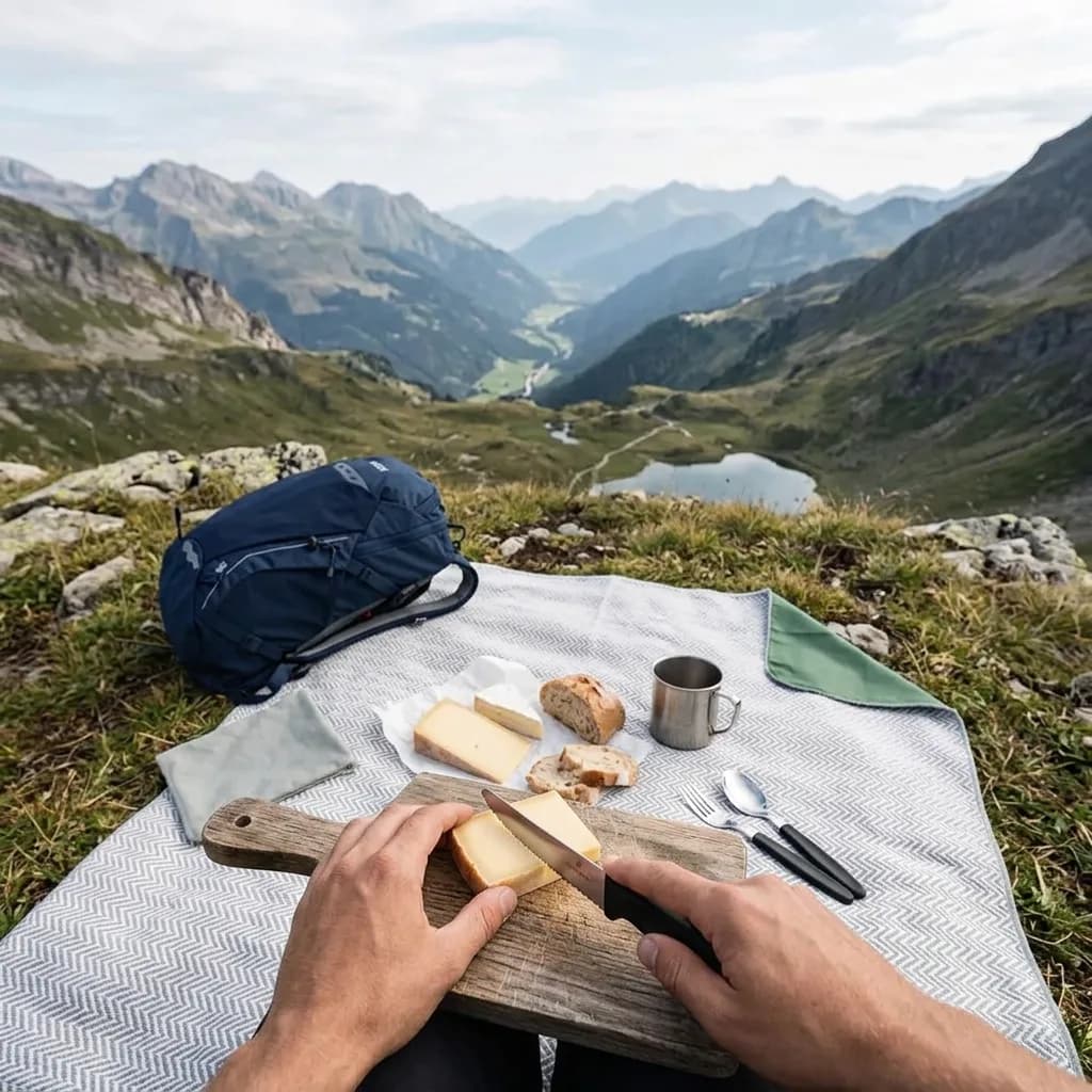 Wandern in den Bergen Set: Hände schneiden Käse auf Holzbrett, auf weisser Picknickdecke mit Besteck-Set und Becher, blauer Wanderrucksack, Bergpanorama.