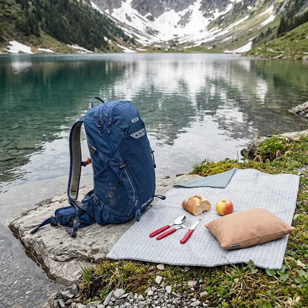 Wandern in den Bergen Set: Wanderrucksack, Picknickdecke mit Picknick-Set, Brot, Apfel und Kissen an einem Bergsee.