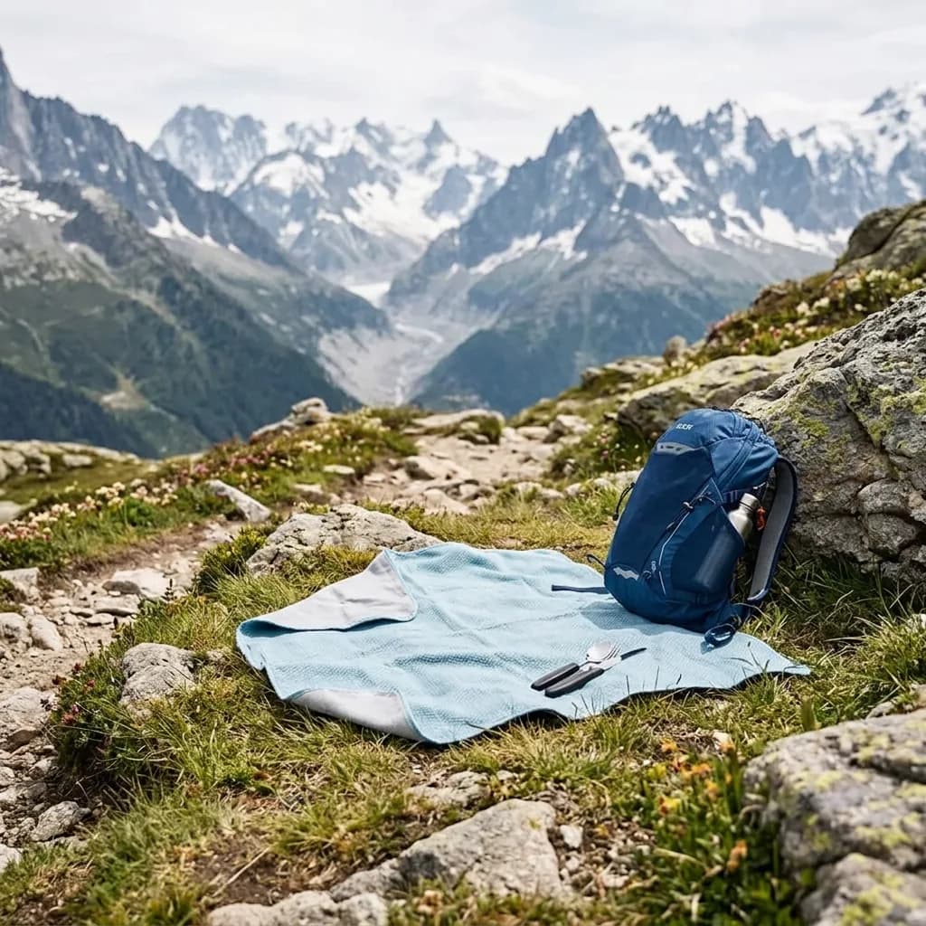 Wandern in den Bergen Set: Picknickdecke und Picknick-Set auf Bergwiese, blauer Wanderrucksack daneben, schneebedeckte Gipfel im Hintergrund.