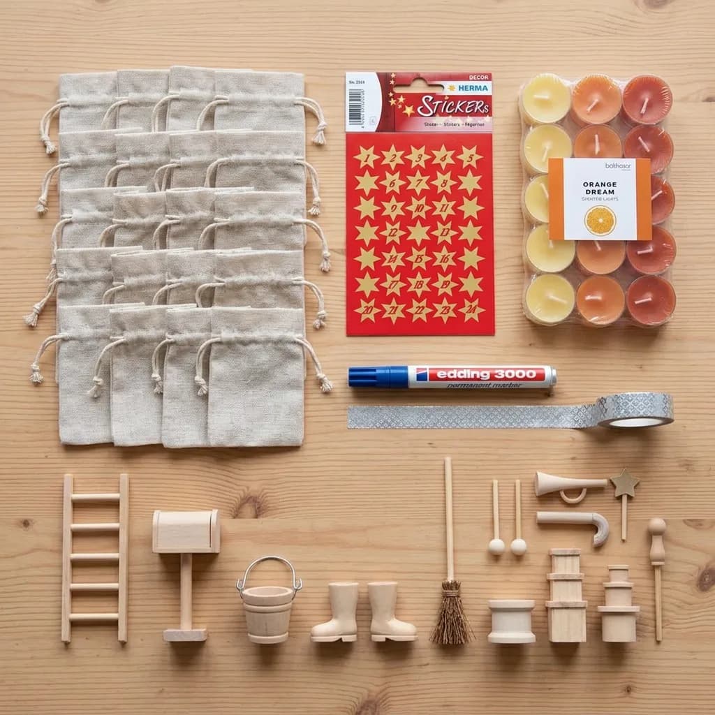 Adventskalender selber füllen: Leinensäckchen, Zahlen-Sticker, Teelichter, Permanent-Marker, Washi Tape und Mini-Holzutensilien auf Holzuntergrund.
