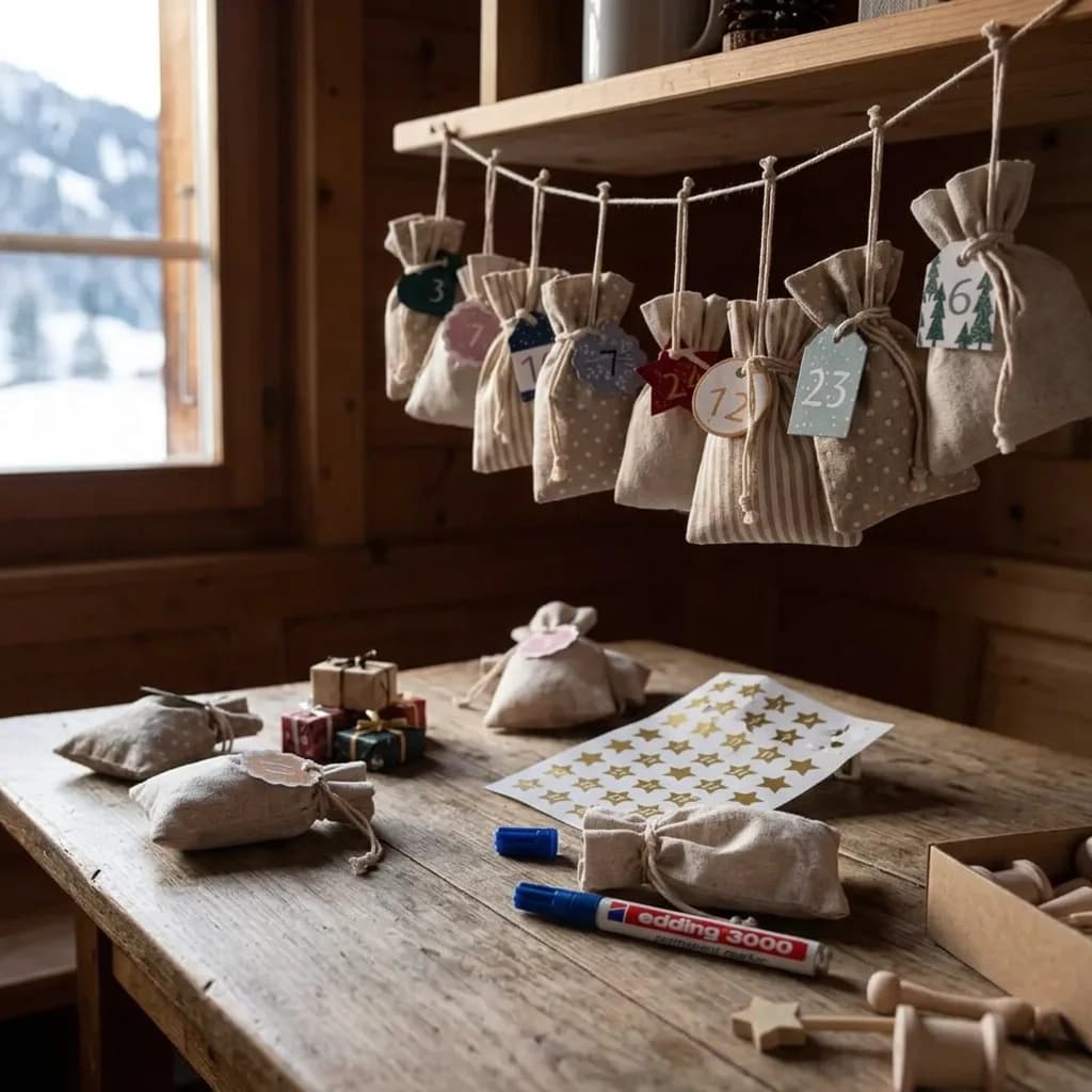 Adventskalender selber füllen: Stoffsäckchen mit Zahlen-Anhängern an Schnur, davor Tisch mit Permanent-Markern, Goldsternen-Stickerbogen und Mini-Utensilien.