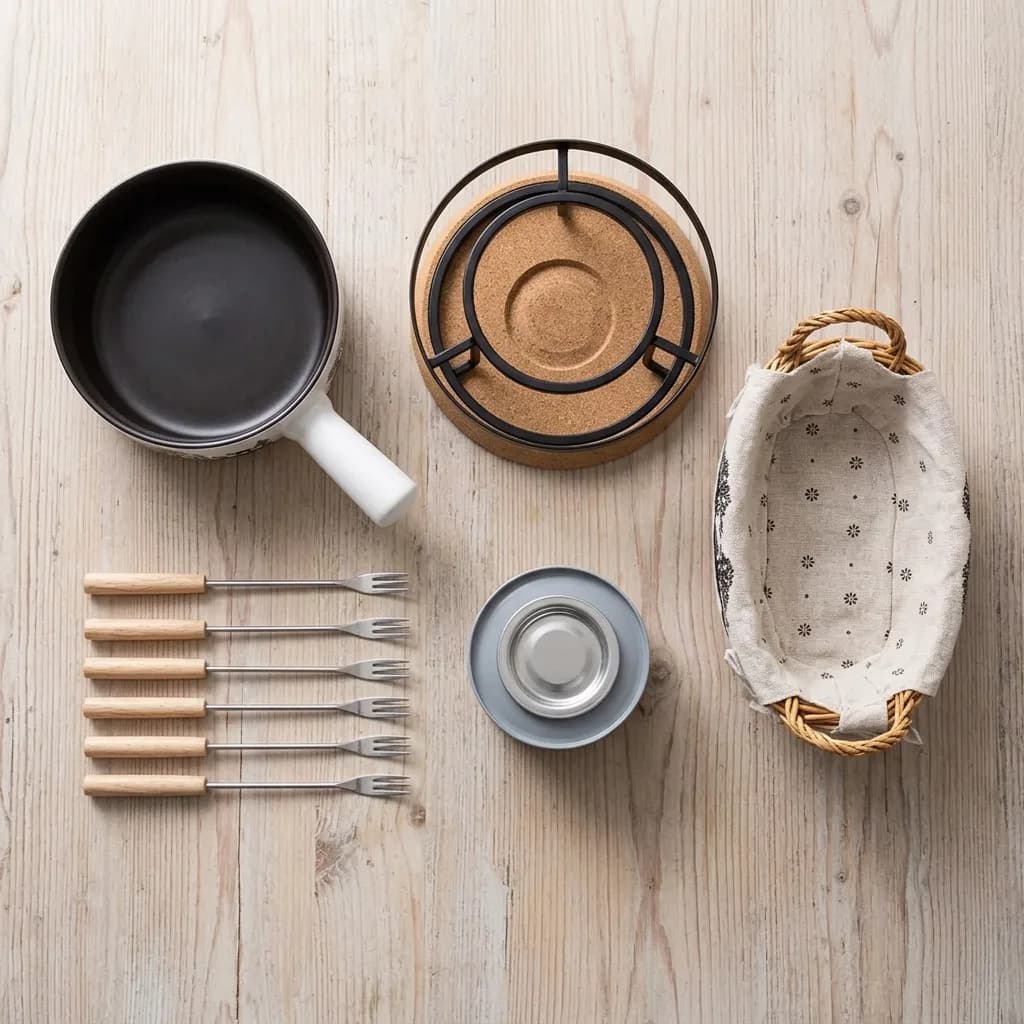 Käsefondue-Abend: Fondue-Caquelon, Rechaud mit Korkunterlage, 6 Gabeln mit Holzgriffen, Brennpaste-Dose und Brotkorb mit Stoffeinsatz auf hellem Holz.
