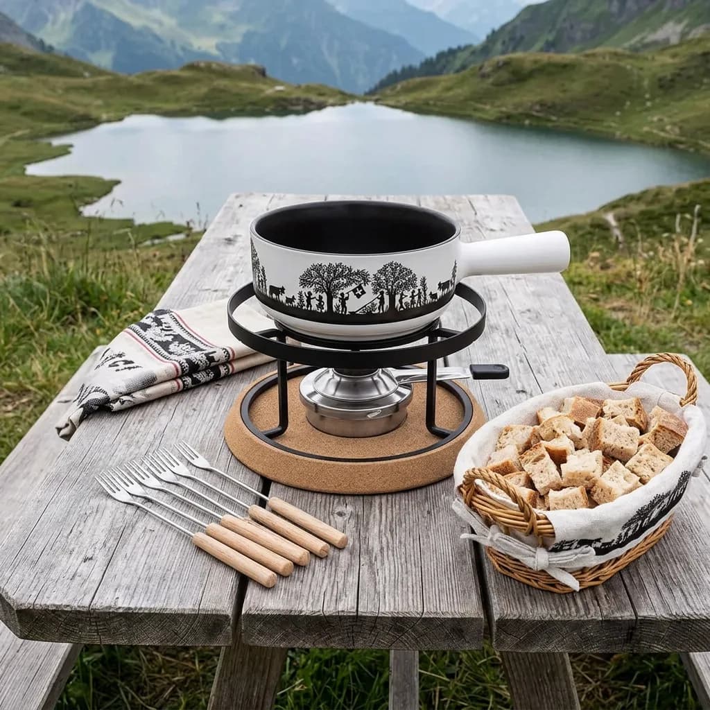 Käsefondue-Abend: Caquelon mit Scherenschnitt-Motiv auf schwarzem Rechaud, sechs Gabeln mit Holzgriff, Brotkorb mit Brotwürfeln, auf Holztisch vor Bergsee.