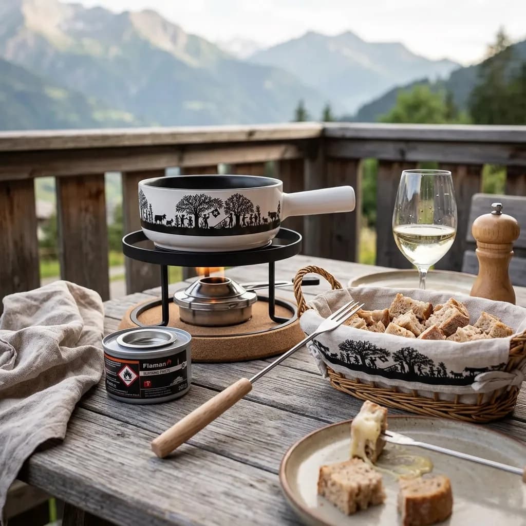 Käsefondue-Abend: Caquelon und Rechaud mit Brennpaste-Dose, Fonduegabeln, Brotkorb mit Brot auf Holztisch, Alpenpanorama im Hintergrund.
