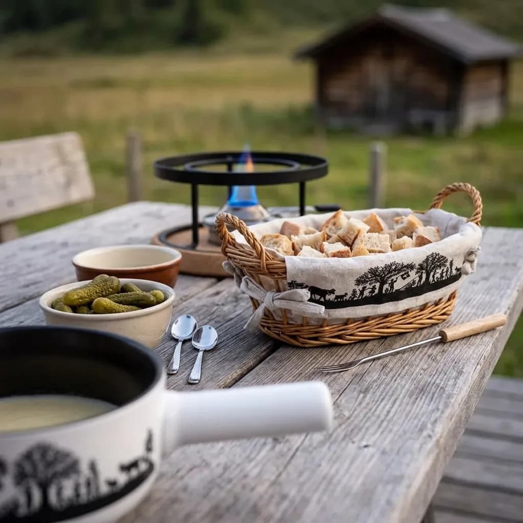 Käsefondue-Abend: Caquelon, Rechaud mit Brennpaste, Brotkorb mit Brotbrot, Fonduegabel und Cornichons auf Holztisch, Almhütte im Hintergrund.