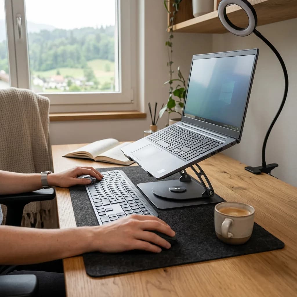 Home-Office Starter Set: Hände an Tastatur und Maus, Laptop auf Ständer, Ringlicht auf Klemme, Schreibtisch am Fenster.