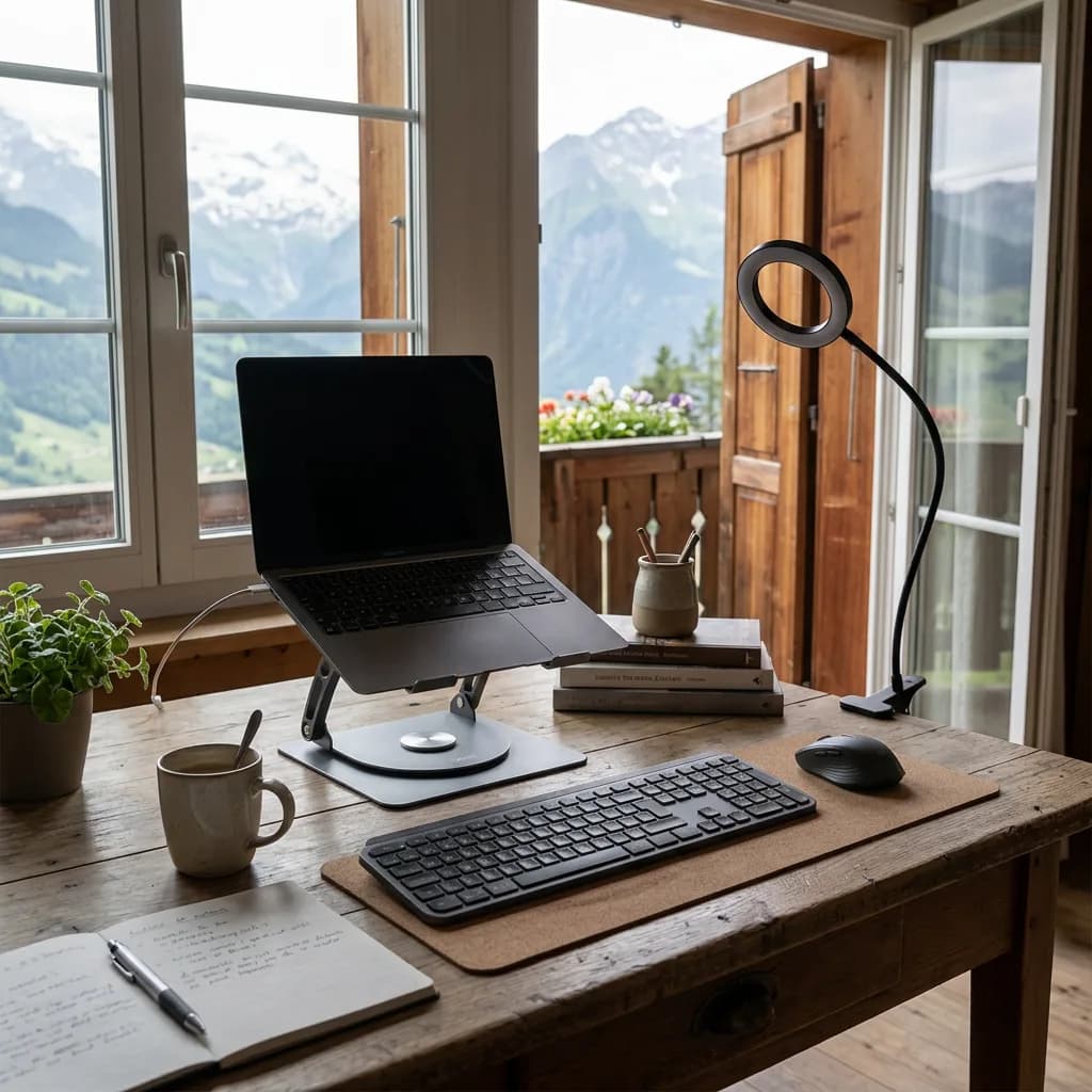 Home-Office Starter Set: Laptop auf Ständer, Tastatur, Maus und Ringlicht auf Klemme auf Holztisch, Bergpanorama im Hintergrund.
