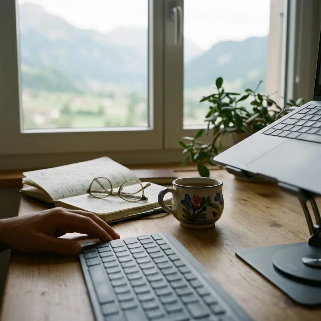 Home-Office Starter Set: Hand auf Tastatur, Laptop auf Ständer, Notizbuch, Tasse und Brille auf Holzschreibtisch, Bergblick im Hintergrund.