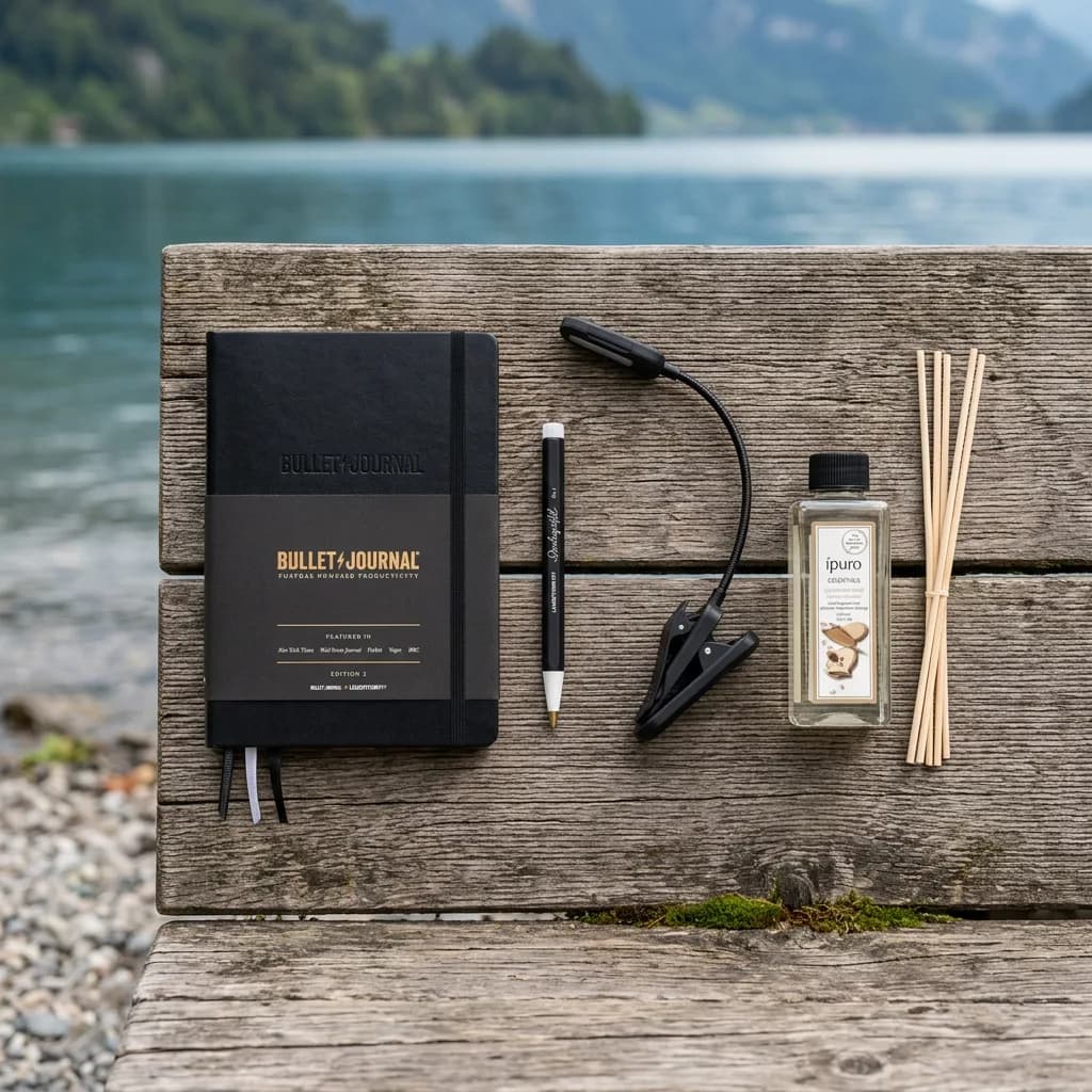 Fokus Box: Bullet-Journal-Notizbuch, Gelschreiber, Buchleuchte und Duftstäbchen-Flasche auf einer Holzbank am See.