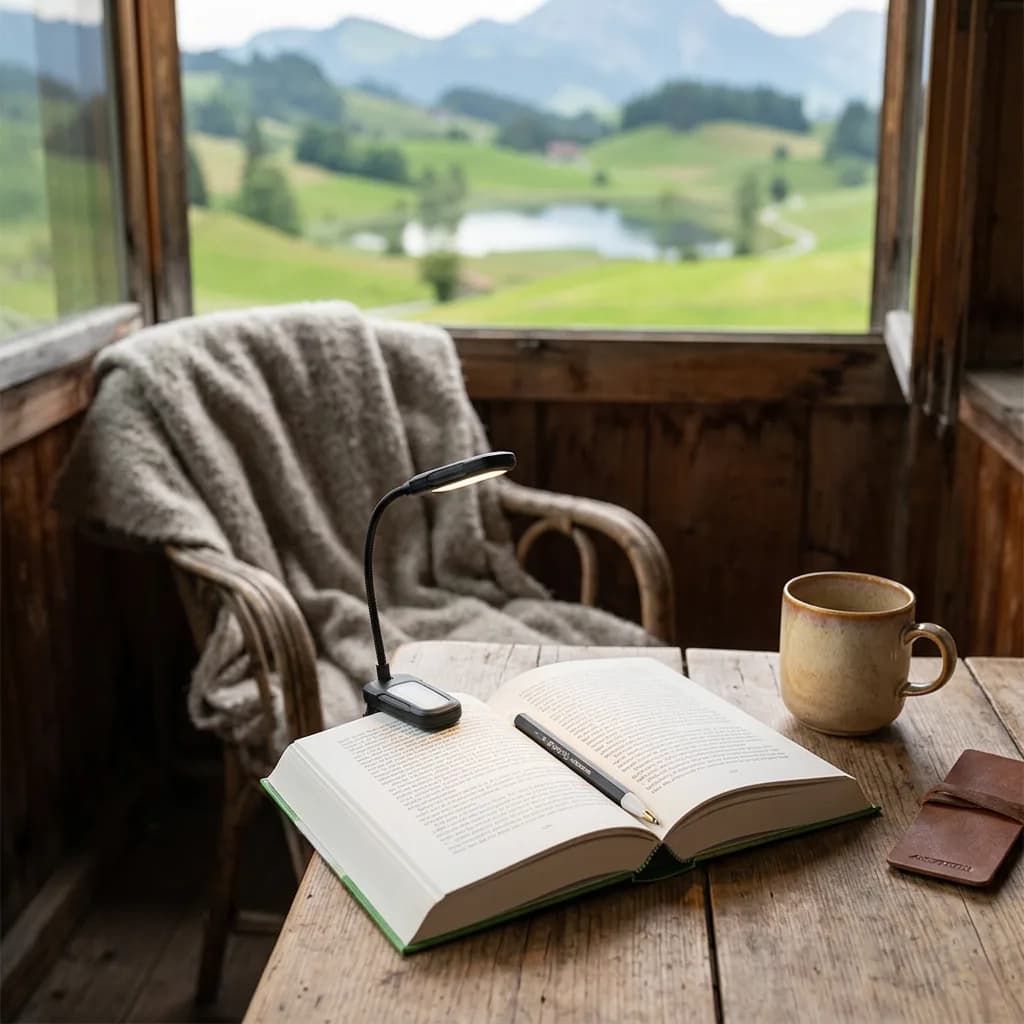 Fokus Box: Aufgeklapptes Notizbuch mit Klemmleuchte und Gelschreiber auf Holztisch, daneben Tasse und Notizbuch, Bergpanorama im Hintergrund.