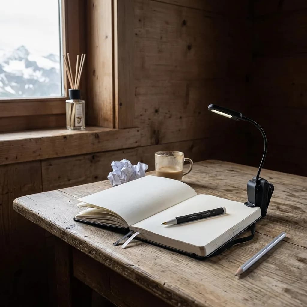 Fokus Box: Aufgeklapptes Notizbuch mit Gelschreiber und Klemmleuchte auf Holztisch, Duftstäbchen am Fenster mit Bergblick.