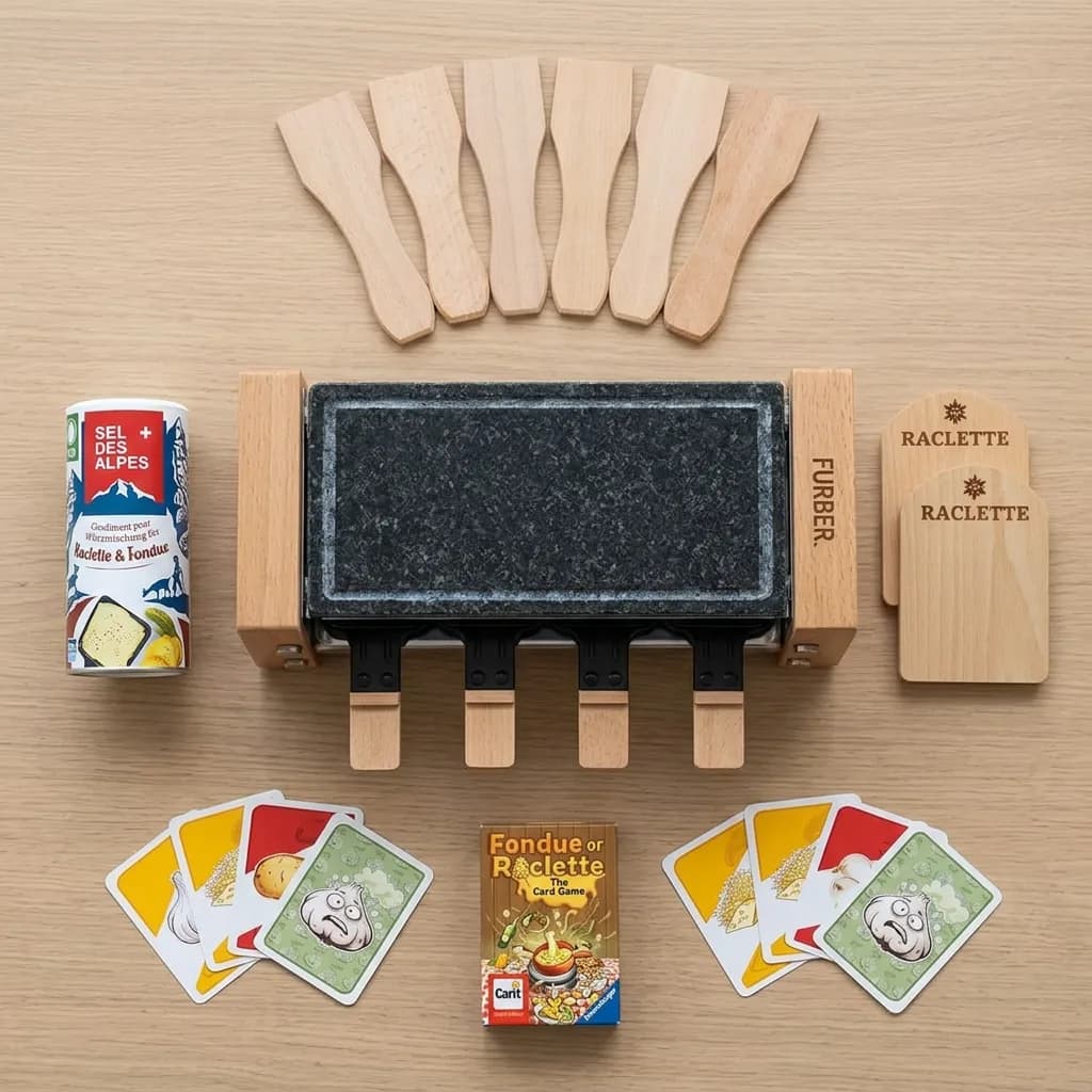 Raclette-Abend: Racletteofen mit Steinplatte, 6 Holz-Spachtel, Würzmischung, 2 Pfännchenhalter und Kartenspiel auf hellem Holzuntergrund.