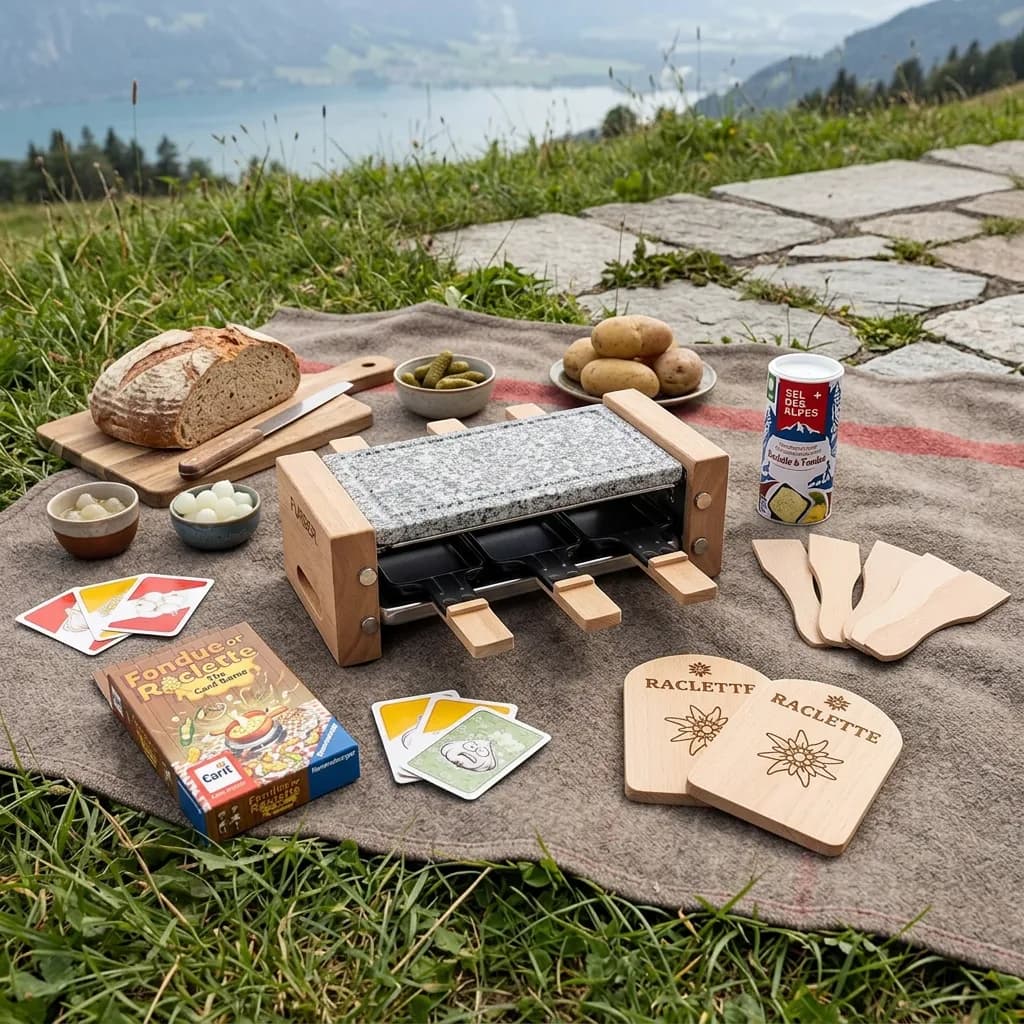 Raclette-Abend: Racletteofen, Holzspachtel, Pfännchenhalter, Würzmischung, Kartenspiel auf Decke im Freien mit Alpensee im Hintergrund.