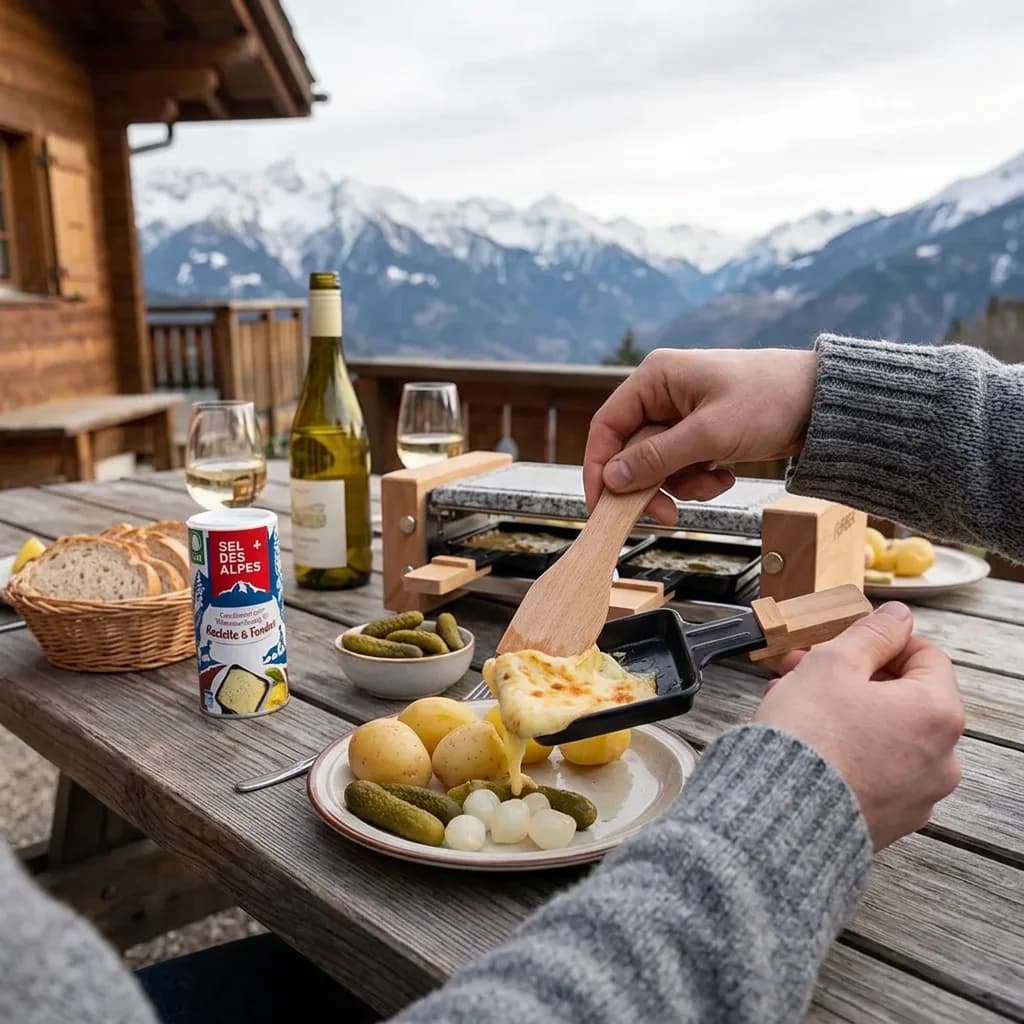 Raclette-Abend: Hände schaben Käse mit Holzspachtel vom Pfännchen auf Teller mit Kartoffeln und Cornichons, Racletteofen und Würzmischung auf Holztisch, Bergpa…