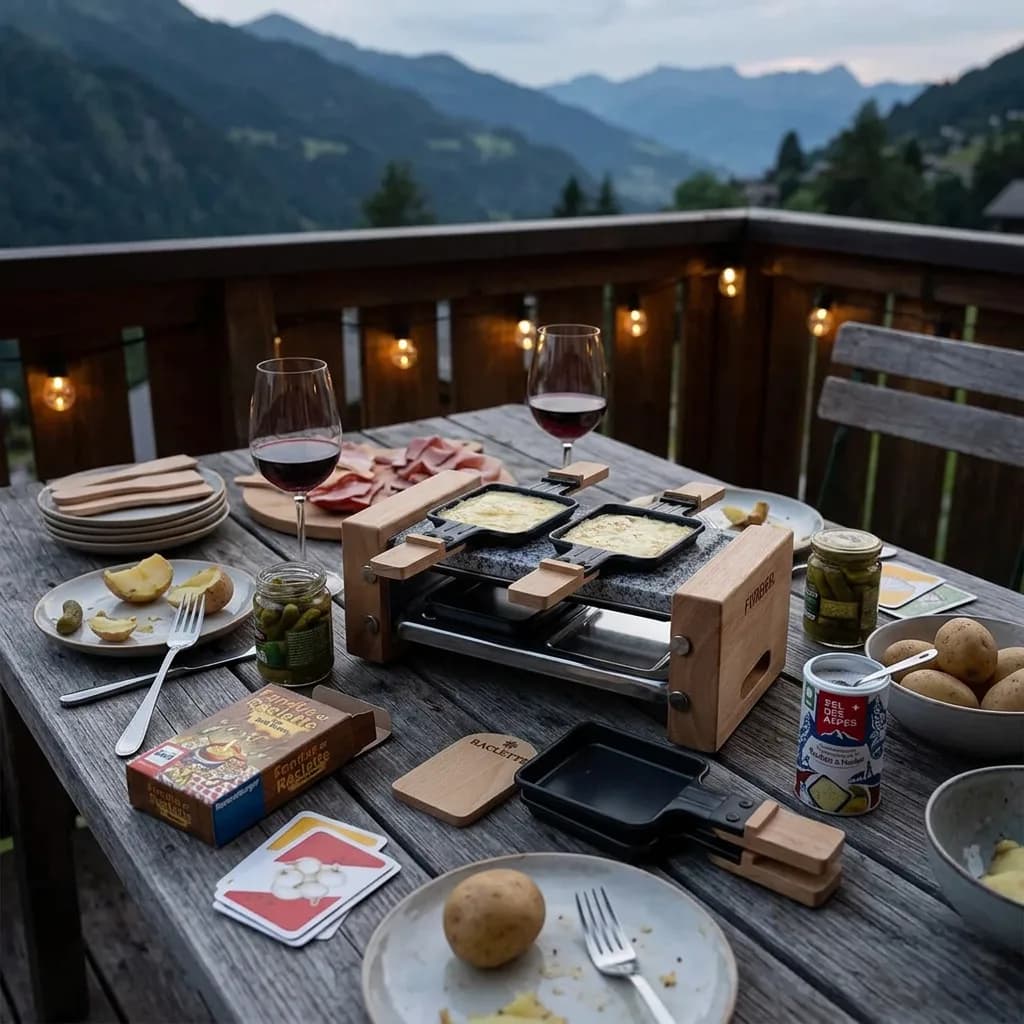Raclette-Abend: Racletteofen mit Holzspachteln, Kartenspiel, Würzmischung, Kartoffeln und Rotwein auf Holztisch mit Bergpanorama.