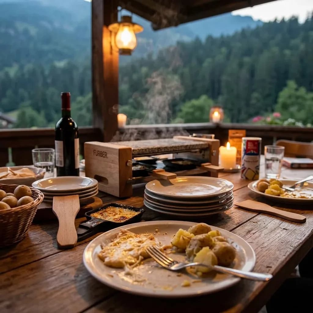 Raclette-Abend: Racletteofen, Holz-Spachtel, Pfännchen und Würzmischung auf Holztisch mit Kartoffeln, Kerzen und Bergblick.