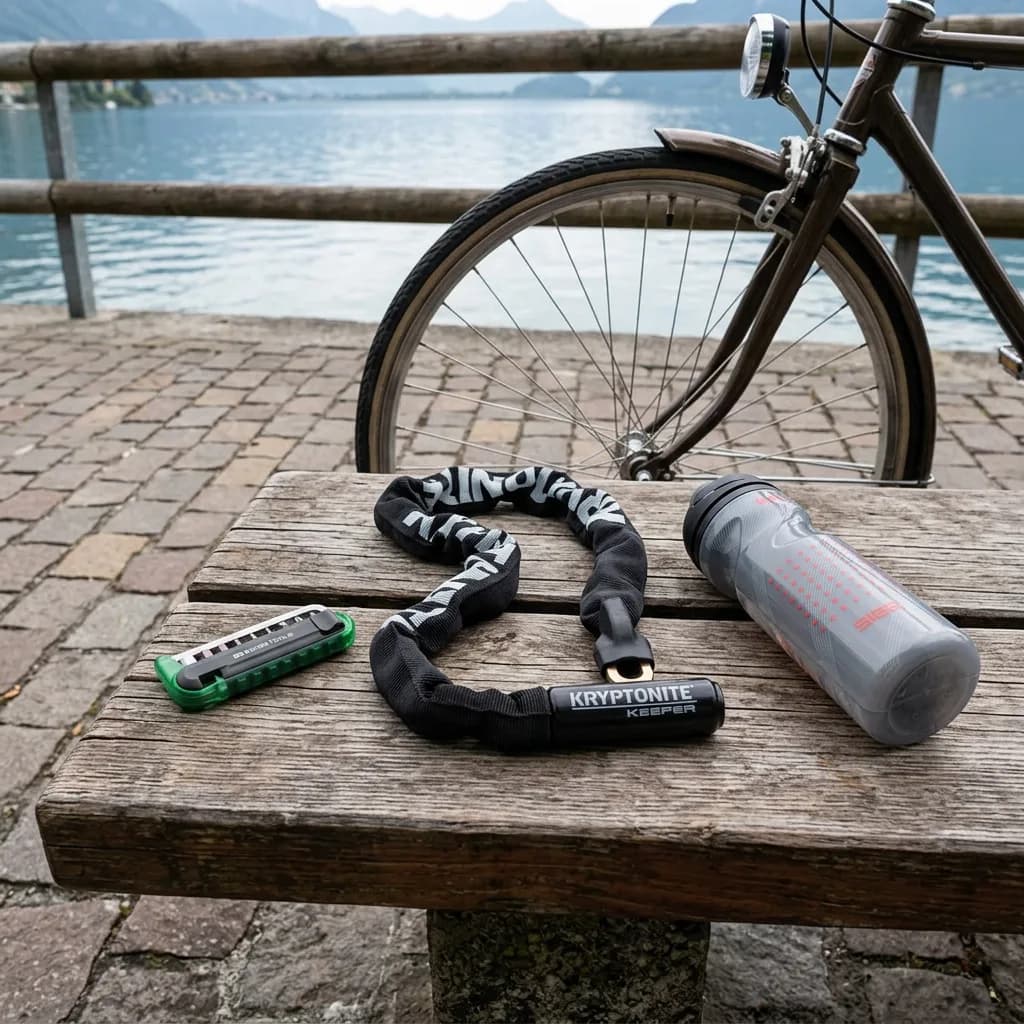 City Bike Starter Kit: Kettenschloss, grünes Multitool und Trinkflasche auf Holztisch, dahinter Velo an Geländer an einem See.