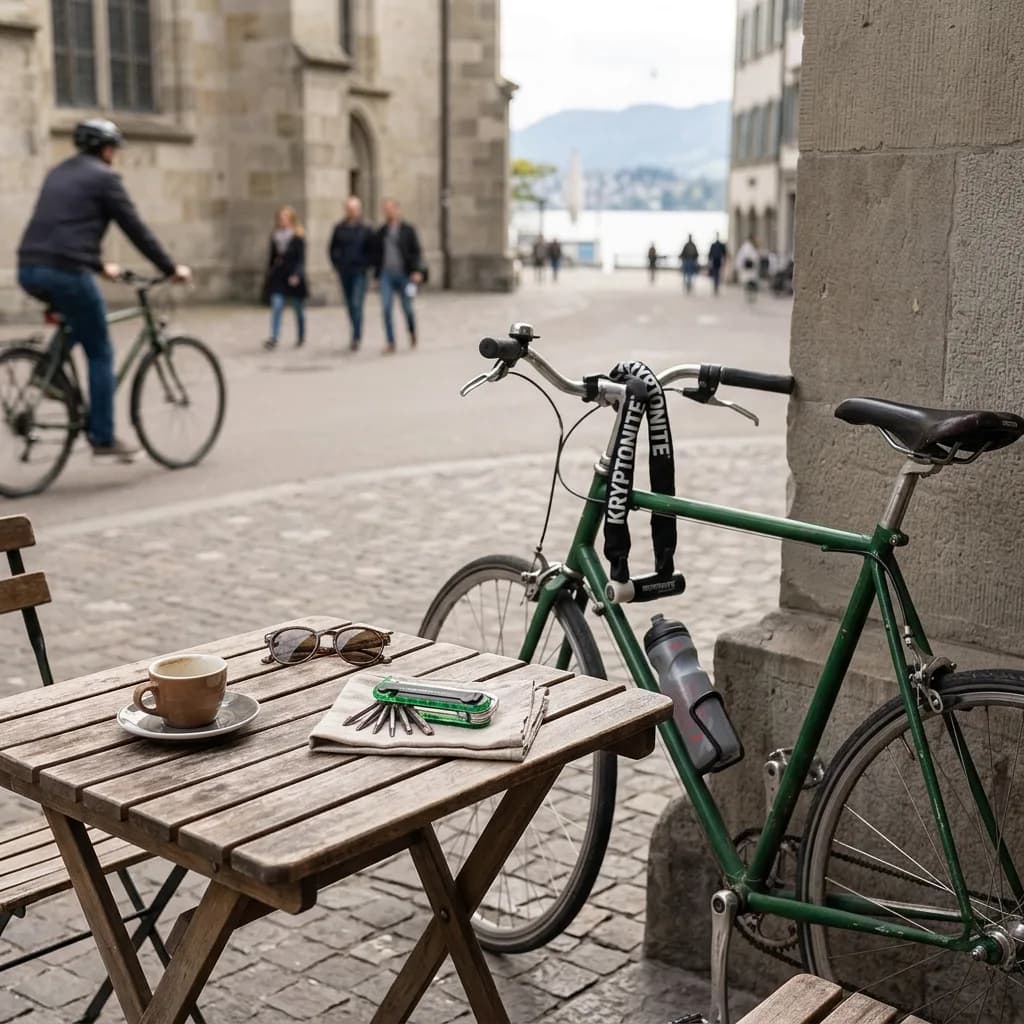 City Bike Starter Kit: Kettenschloss am Velo, grünes Multitool und Trinkflasche am Stadtplatz mit Holztisch.