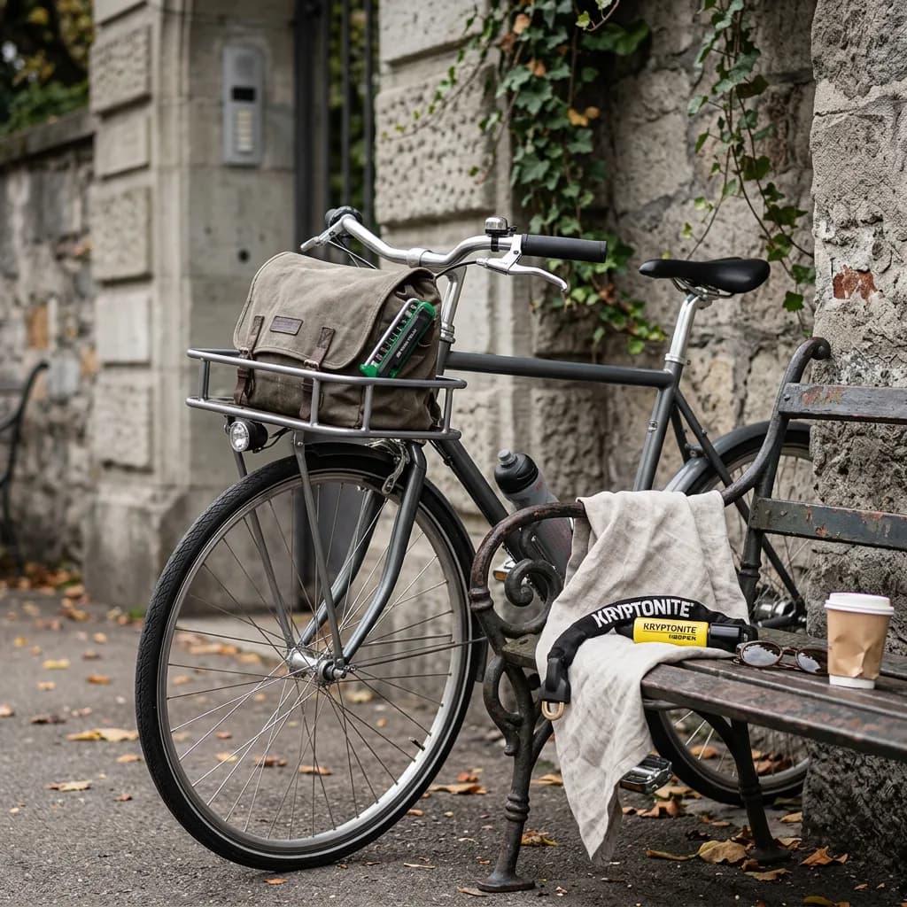 City Bike Starter Kit: Stadtvelo mit Tasche und grünem Multitool im Frontkorb, Kettenschloss auf Bank daneben.