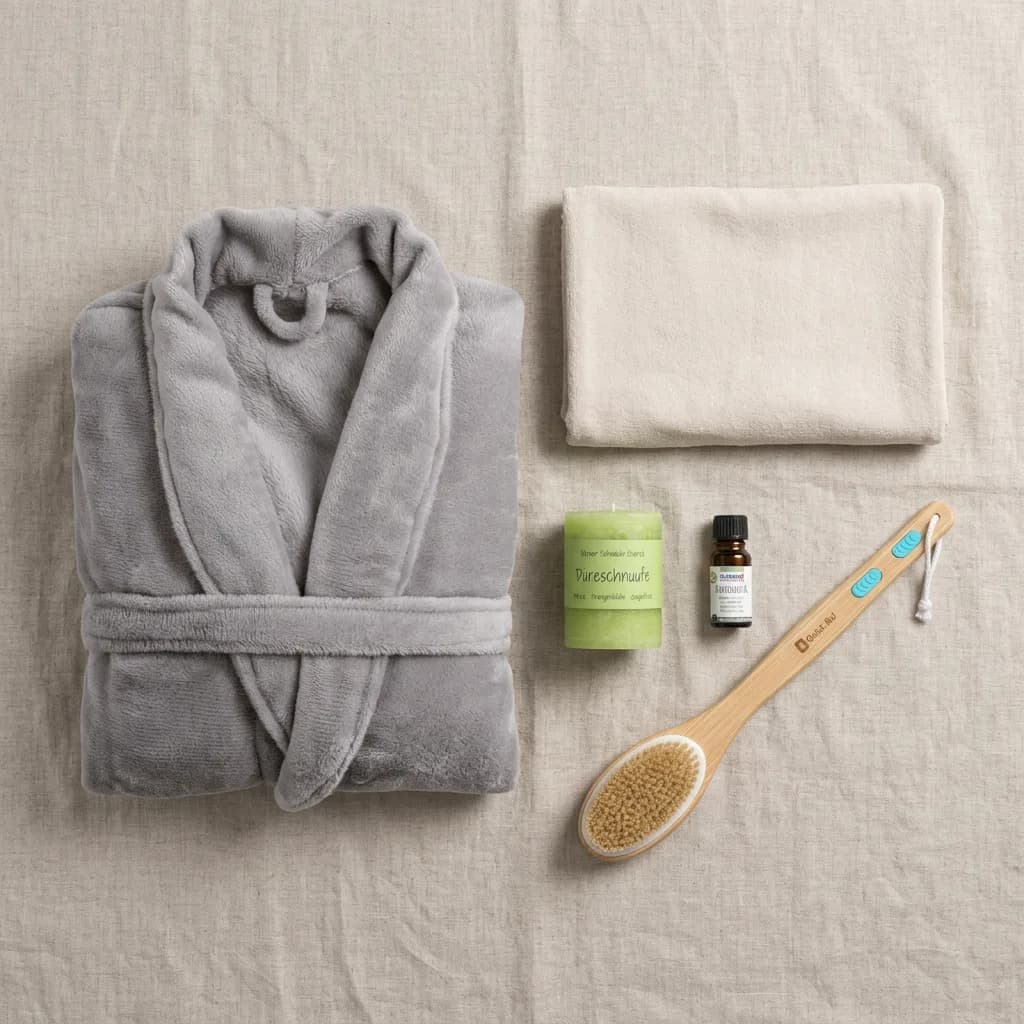 Wellness zuhause: grauer Bademantel, gefaltetes beiges Saunatuch, grüne Duftkerze, Duftöl-Fläschchen und Badebürste aus Holz auf hellem Leinenstoff.