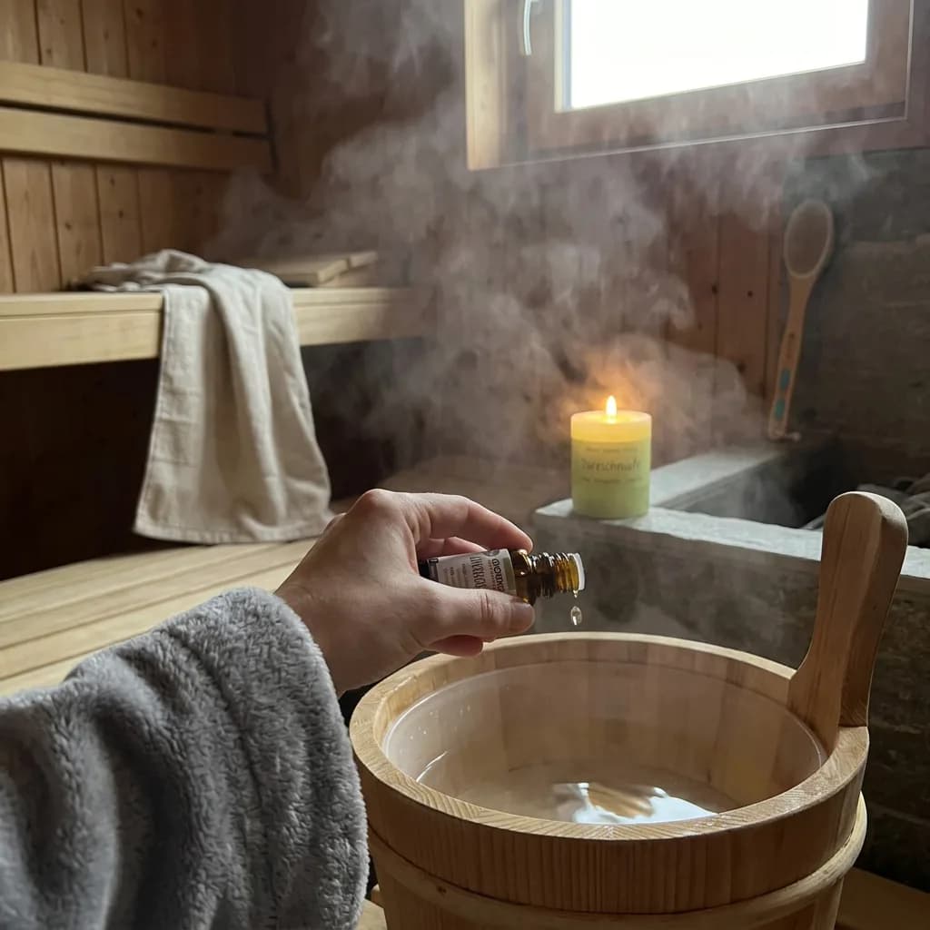Wellness zuhause: Hand tropft Duftöl in Holzkübel, Duftkerze und Badebürste im Hintergrund, Saunatuch auf Bank, Dampf steigt auf.