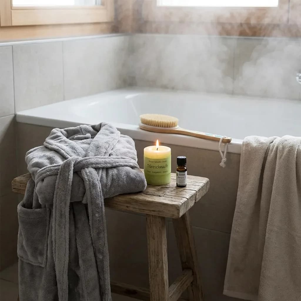 Wellness zuhause: Bademantel und Duftkerze mit Duftöl auf Holzhocker, Badebürste und Saunatuch am Badewannenrand.